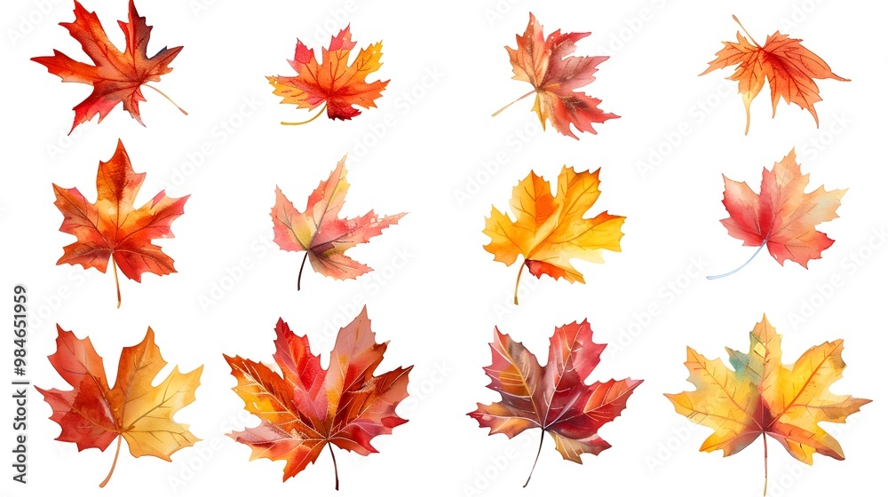 Vibrant Watercolor Autumn Maple Leaves on White Background Vibrant Watercolor Autumn Maple Leaves on White Background