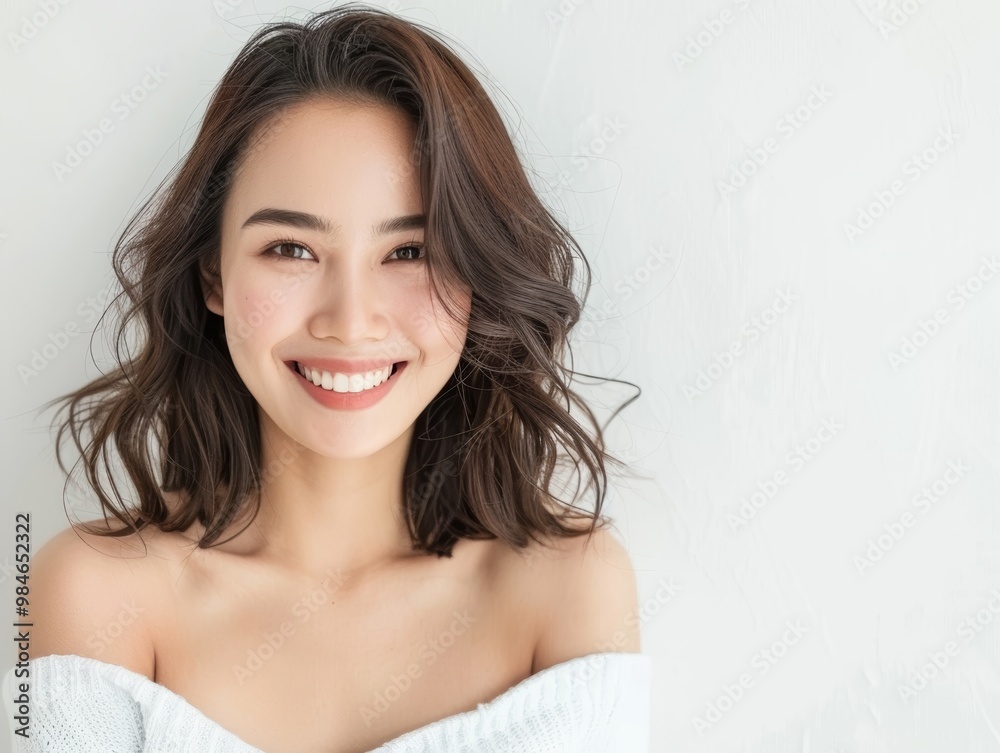 Cheerful woman with long, wavy hair smiles brightly against a light background, radiating warmth and positivity. Cheerful woman with long, wavy hair smiles brightly against a light background, radiating warmth and positivity.