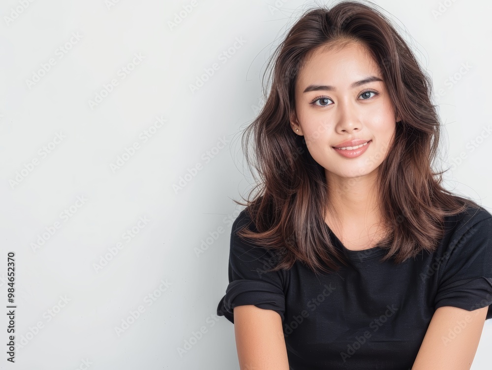 A young woman with beautiful hair smiles while posing against a neutral background, showcasing confidence and elegance. A young woman with beautiful hair smiles while posing against a neutral background, showcasing confidence and elegance.