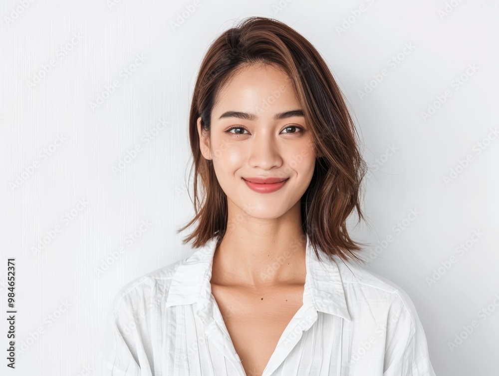 Bright smile of a young woman showcasing natural beauty against a minimalistic backdrop, perfect for lifestyle and beauty themes. Bright smile of a young woman showcasing natural beauty against a minimalistic backdrop, perfect for lifestyle and beauty themes.