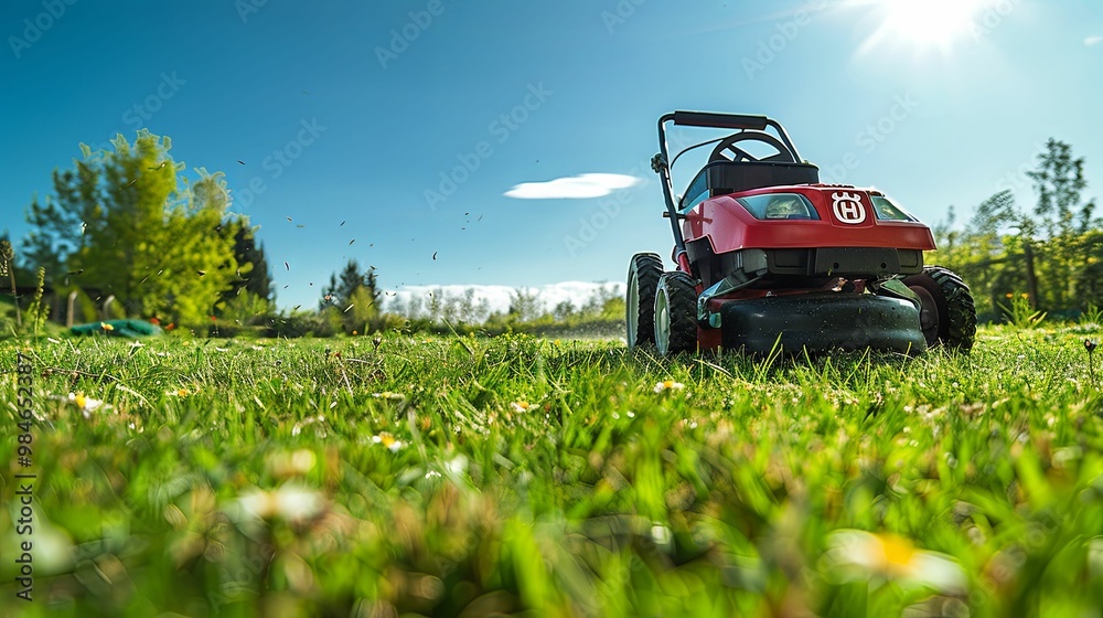 Red Riding Lawn Mower Cutting Green Grass with Blue Sky Background Red Riding Lawn Mower Cutting Green Grass with Blue Sky Background
