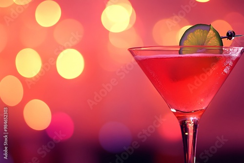 Red Cocktail with Lime Garnish and Bokeh Lights photo