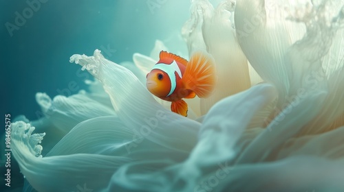 A vibrant clownfish nestled among soft, flowing sea plants in a serene underwater scene. photo