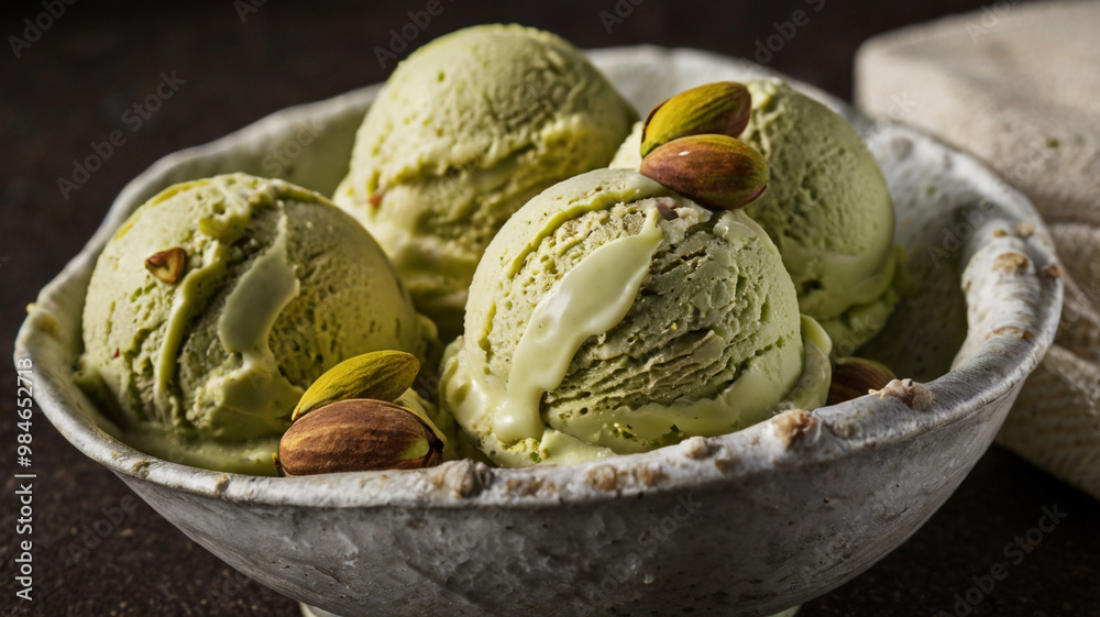 Pistachio-Flavored Ice Cream Scoops with nuts