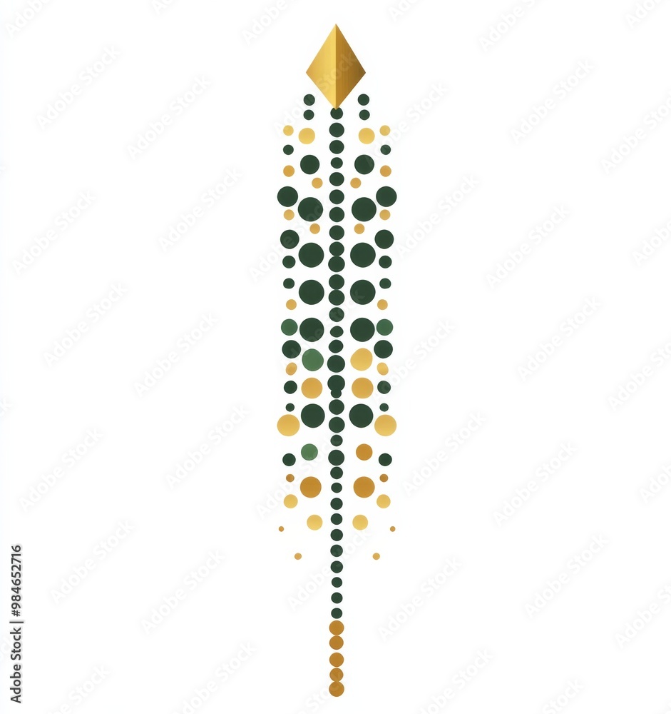 Simple Line Art Logo Featuring Dots in Arrow Shape on White Background with Gold and Green Accents. Simple Line Art Logo Featuring Dots in Arrow Shape on White Background with Gold and Green Accents.