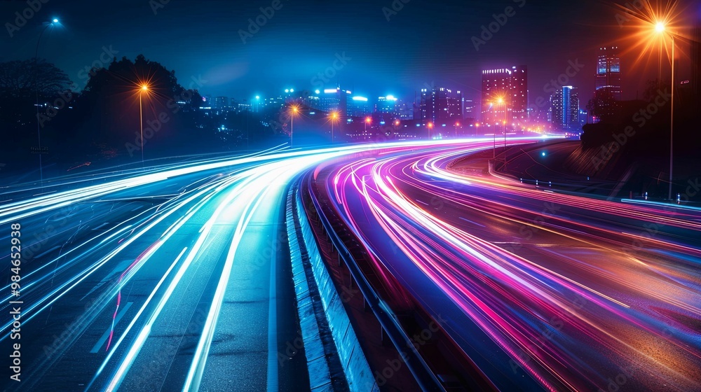 Cityscape at Night with Blurry Light Trails from Passing Cars