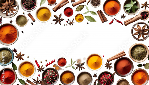 Obraz na płótnie illustration colorful copy space text spices spice food herb different many copy space text copy space blank bowl spicey indian concept illustration creative topview overhead collection colourful w salonie