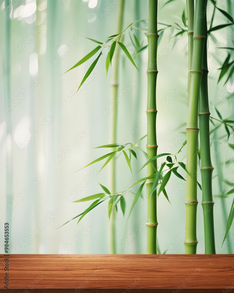 Fototapeta premium wooden tabletop with bamboo background
