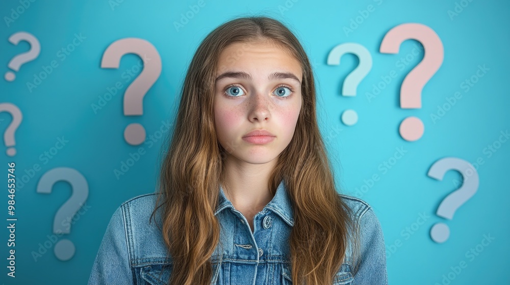 A curious woman reflects on her thoughts while surrounded by colorful question marks A curious woman reflects on her thoughts while surrounded by colorful question marks