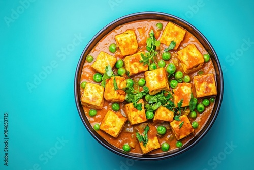 Top view of Indian dish with green peas in orange sauce on blue background, food photography