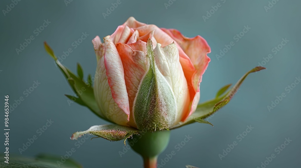 A Single Peach and White Rose Bud in Close-Up A Single Peach and White Rose Bud in Close-Up