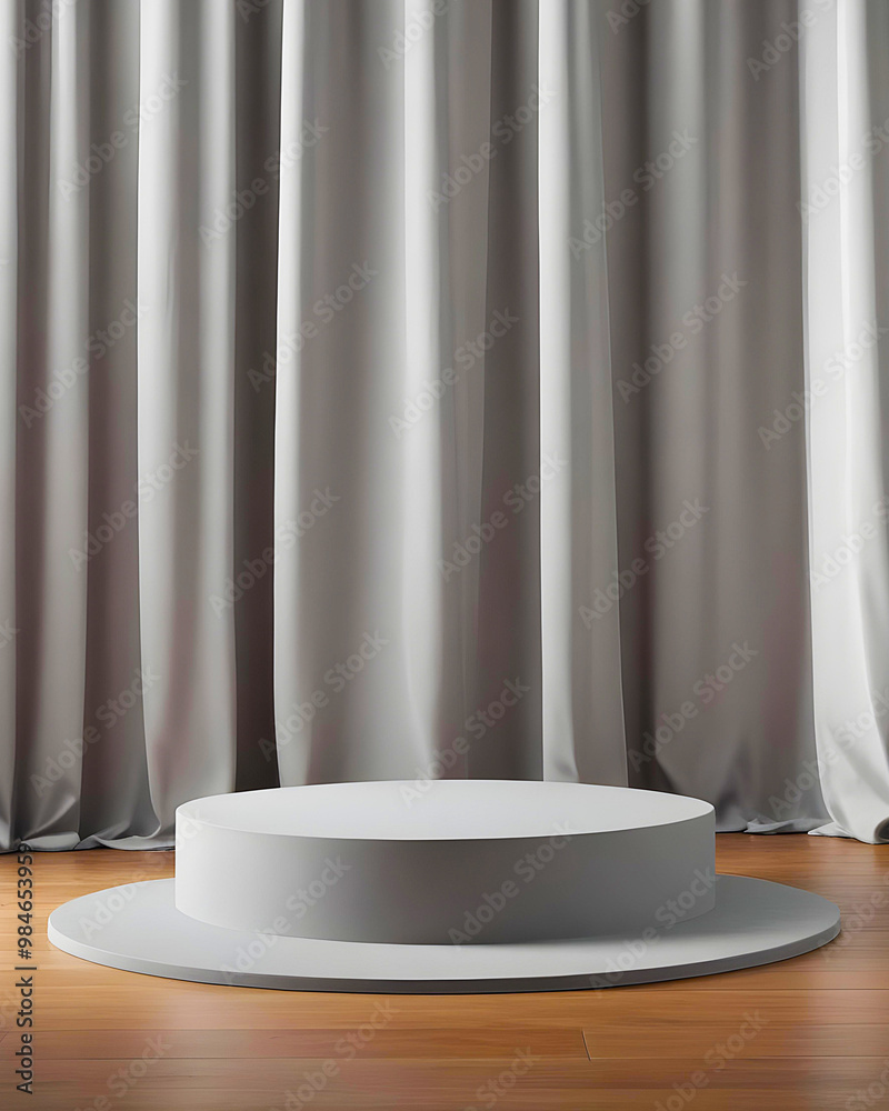 Empty pedestal podium with gray curtains behind Empty pedestal podium with gray curtains behind