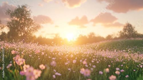 Pink Wildflowers Blooming in a Field at Sunset