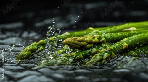 Fresh asparagus splashing in water, highlighting freshness and culinary appeal.
