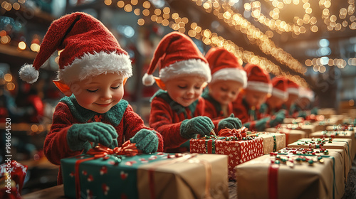 Christmas elves making gifts in a toy factory. Santa Claus' assistants make presents for children.
