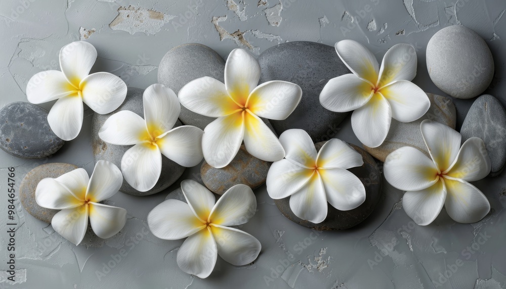 Fototapeta premium A serene composition featuring frangipani flowers delicately arranged on spa stones against a soft