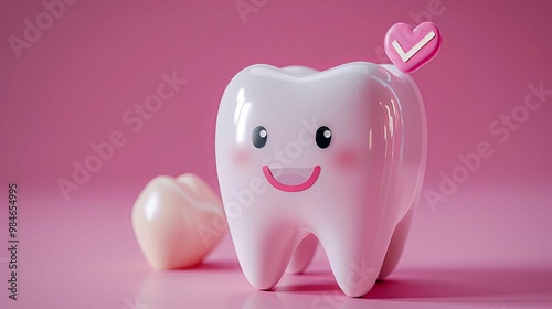 Smiling Cartoon Tooth with Pink Heart and Checkmark