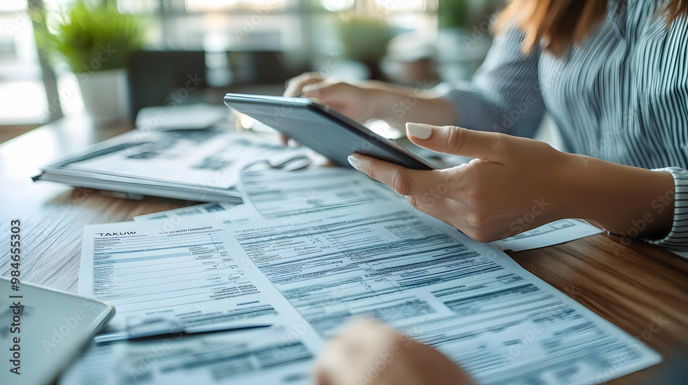 Fototapeta premium Tax and VAT concept. Businessman uses tablet to complete individual income tax return form online for tax payment. Financial research, government taxes, and calculation of tax return.