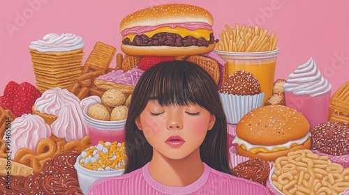 A woman is engulfed by vibrant junk food, symbolizing the struggle of food addiction