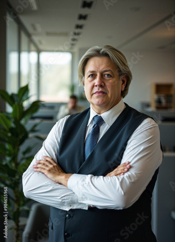 nordic career trajectory, formal business wear vest and tie, older chief financial officer collaborates, faded background during mid-morning, precise visual structure, portrait