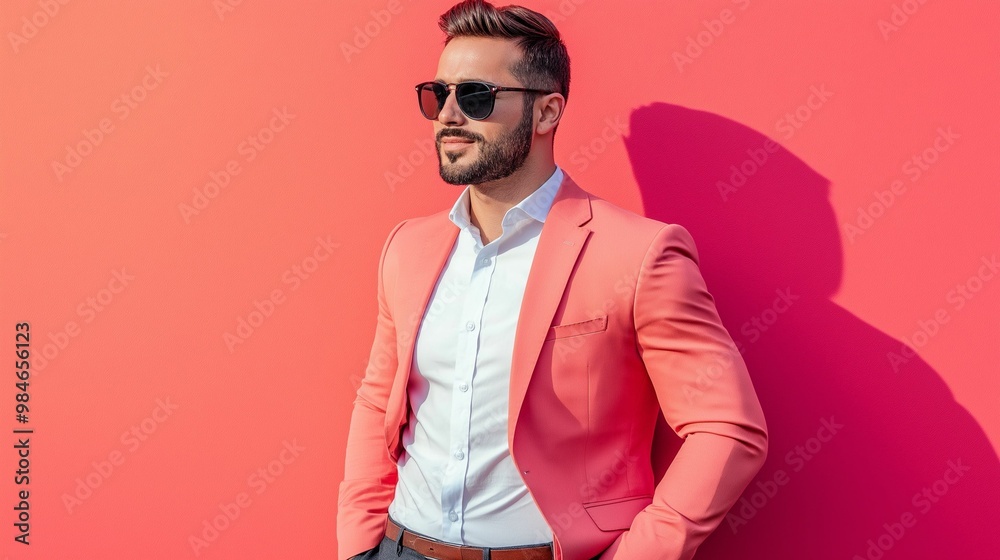 Stylish man in coral suit with sunglasses against bright coral wall Stylish man in coral suit with sunglasses against bright coral wall