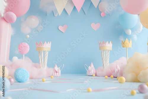 Pastel-colored birthday party backdrop with whimsical details. photo