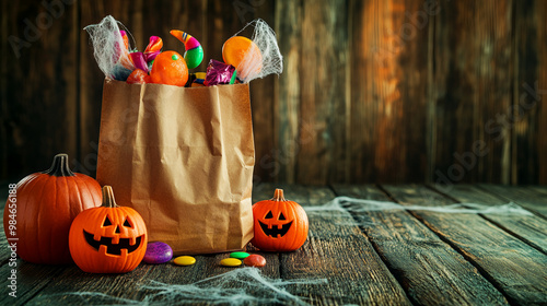 halloween candy lollipops and pumpkin in front of the door and table trick or treat jack o lantern background photo