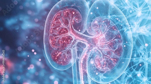 A kidney function illustration, highlighting how the kidney filters blood, with clear labels of the different parts involved in the process.