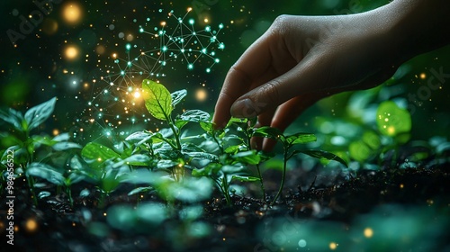 A hand interacting with a plant in a vibrant outdoor nursery, while biochemistry structures such as genetic helixes swirl in the background