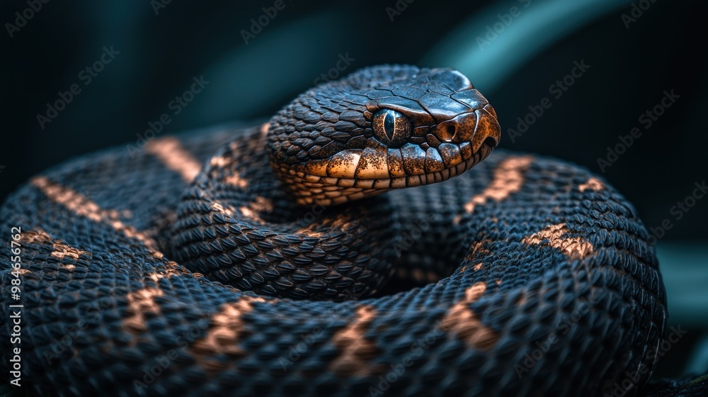 Fototapeta premium A close-up of a coiled snake with striking scales and an intense gaze.