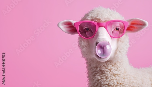 Fototapeta Naklejka Na Ścianę i Meble -  A playful sheep wearing trendy pink shades and blowing a bubblegum bubble, representing a humorous take on animal fashion.