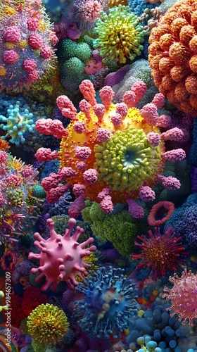 A vibrant sale of colorful virus cells in close-up view, highly detailed, 