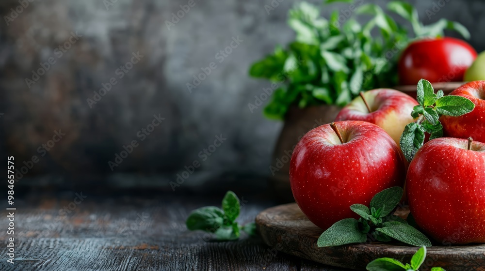 A rustic wooden table with fresh apples and herbs, with a kitchen setting bathed in soft natural light. A rustic wooden table with fresh apples and herbs, with a kitchen setting bathed in soft natural light.