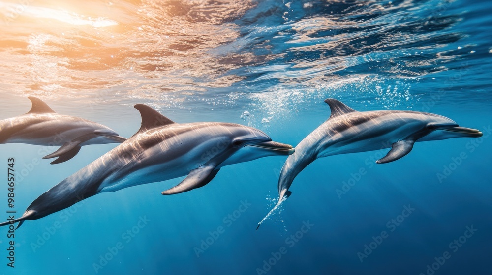 Obraz premium Three dolphins swimming gracefully in clear blue water, showcasing marine life beauty.