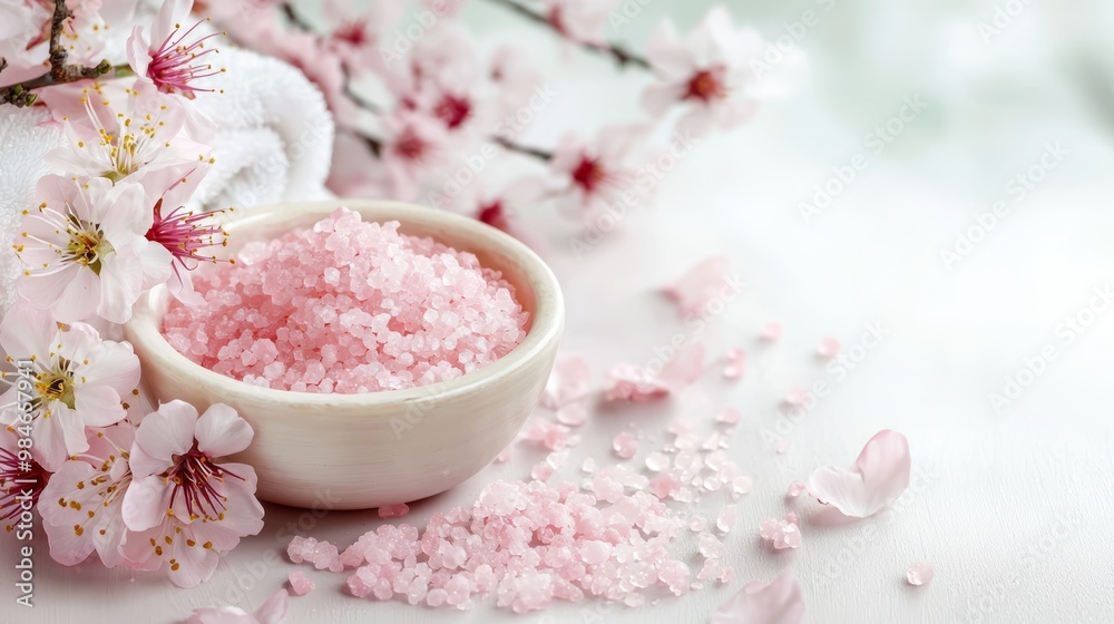 A soft, feminine spa scene with pink bath salts, blooming cherry blossoms, and a peaceful atmosphere. A soft, feminine spa scene with pink bath salts, blooming cherry blossoms, and a peaceful atmosphere.