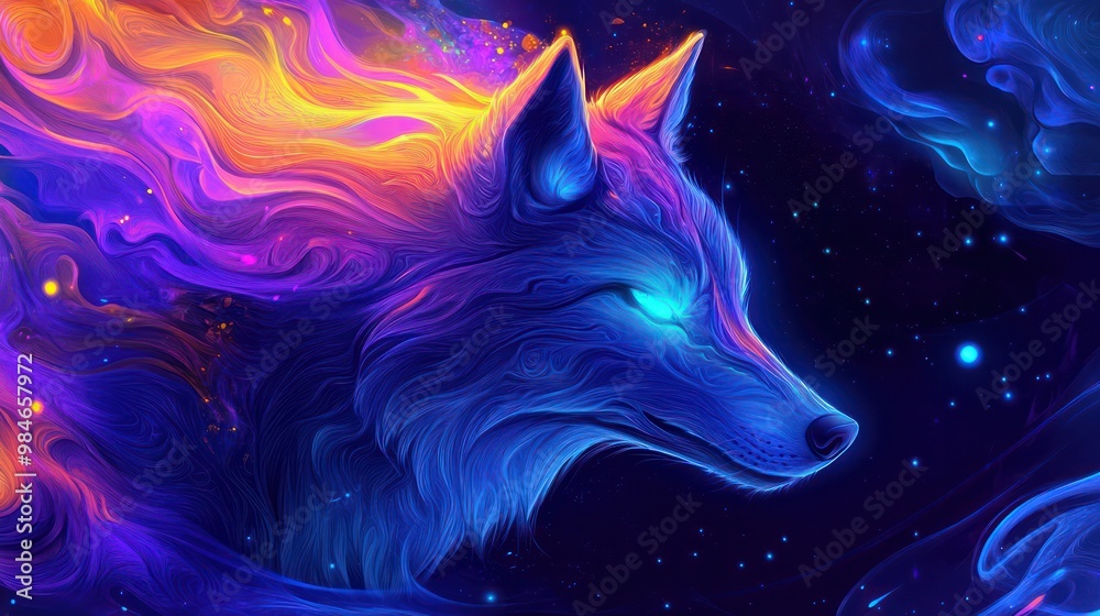 Fototapeta premium A mystical wolf illustration with abstract patterns and glowing elements, combining nature and fantasy in a surreal design.