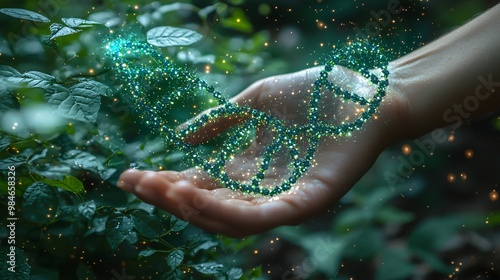 A scientific hand on green plants with faint overlays of biochemistry visuals like DNA and chromosomes swirling in the air