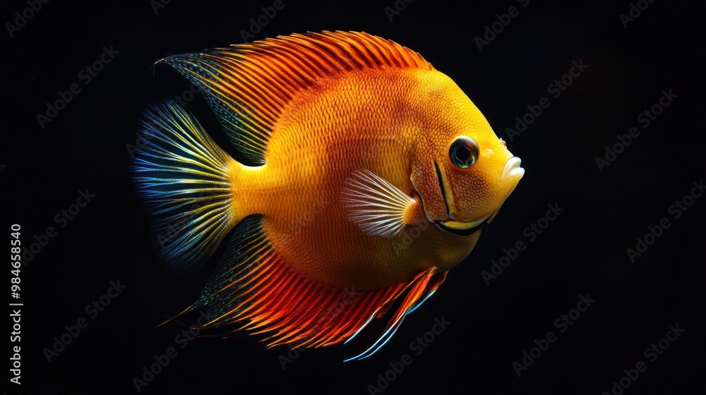 A vibrant orange fish with striking fins, swimming gracefully against a dark background. A vibrant orange fish with striking fins, swimming gracefully against a dark background.