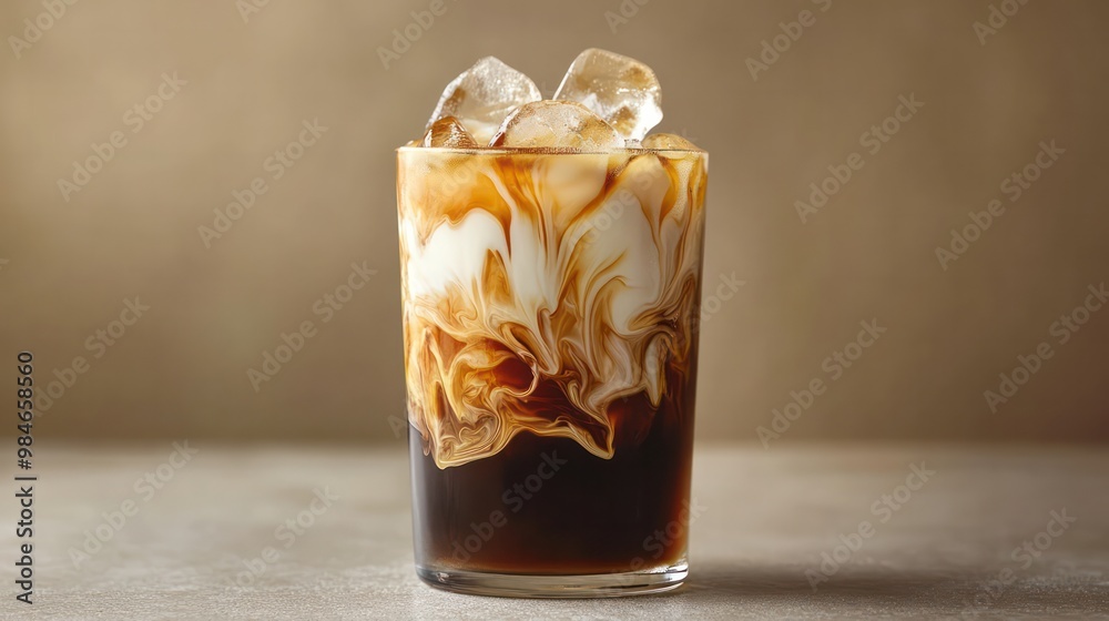 A realistic shot of iced coffee with a beautiful milk swirl, capturing the contrast between the rich coffee and creamy milk as they blend. A realistic shot of iced coffee with a beautiful milk swirl, capturing the contrast between the rich coffee and creamy milk as they blend.