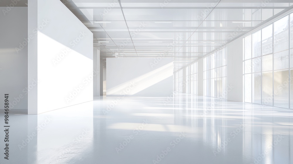 Fototapeta premium A spacious, minimalist interior with large windows and abundant natural light.