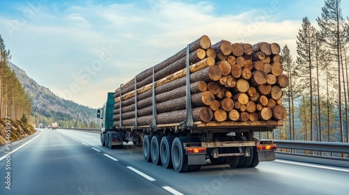 View from the back of a long, heavy, industrial wood carrier cargo vessel truck trailer with large pine, spruce, and cedar trees traveling on a highway against a background of blue sky. Idea of timber photo