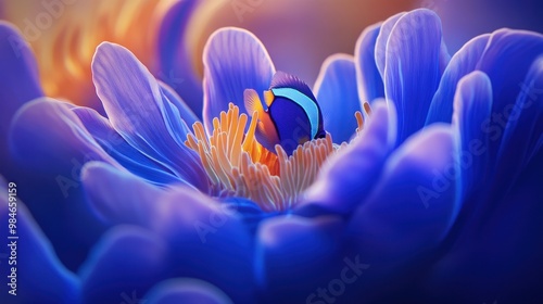 A vibrant underwater scene featuring a clownfish nestled in a colorful flower-like coral. photo