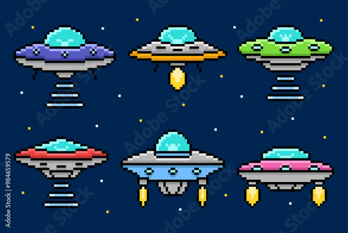 Set of UFO in Pixel Art. Flying saucers in retro style