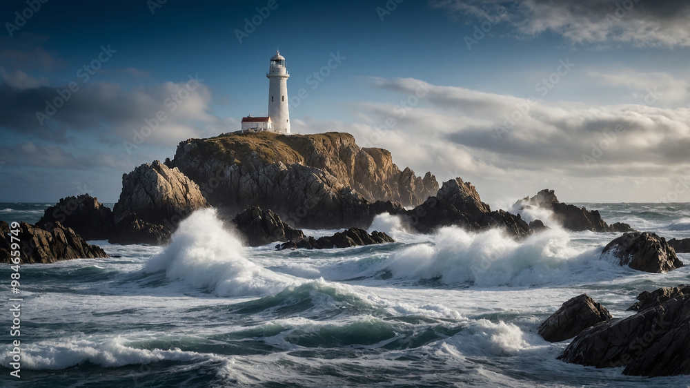 Lighthouse on rugged rocky island with waves crashing under dramatic cloudy sky. Lighthouse on rugged rocky island with waves crashing under dramatic cloudy sky.