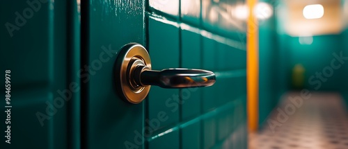 A close-up of a door handle set against a teal wall, with blurred background details hinting at a hallway.