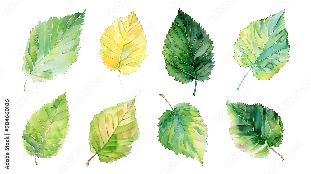 Serene Set of Watercolor Birch Leaves in Soft Green and Yellow Hues with Detailed Textures and Veins Serene Set of Watercolor Birch Leaves in Soft Green and Yellow Hues with Detailed Textures and Veins