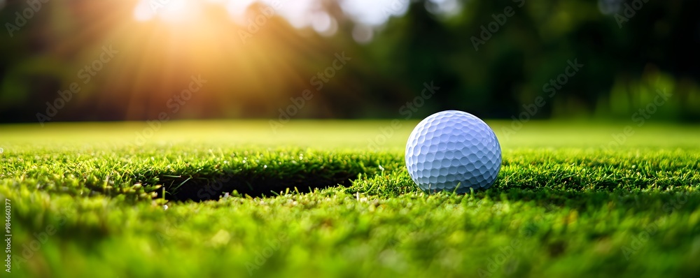 A close-up of a golf ball resting near the hole on a lush green fairway, illuminated by warm sunlight. A close-up of a golf ball resting near the hole on a lush green fairway, illuminated by warm sunlight.