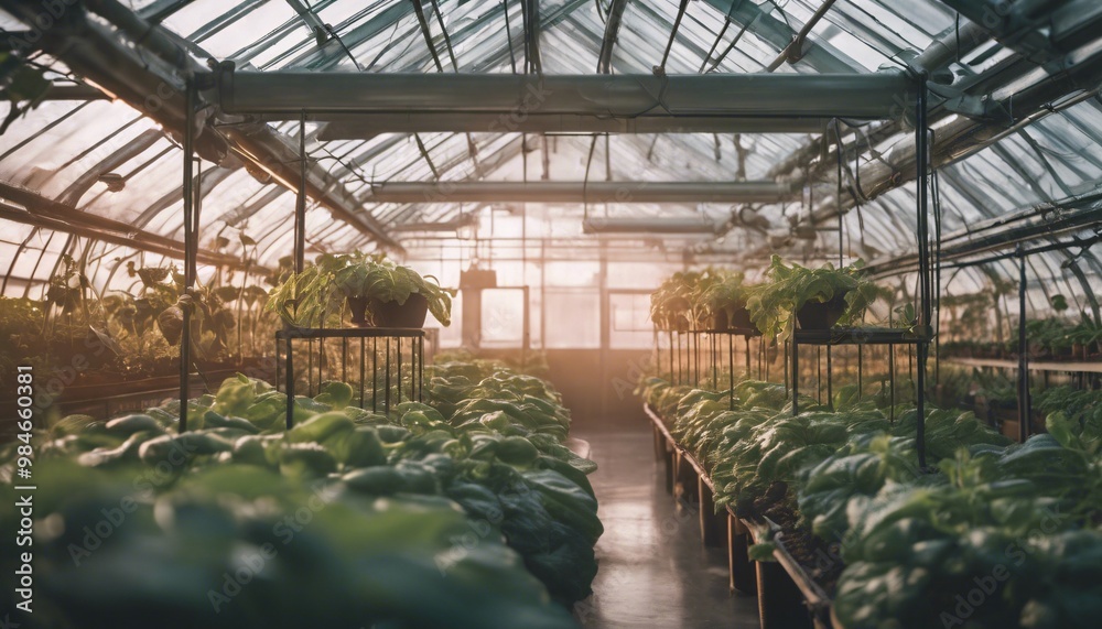 Greenhouse filled with vibrant plants, showcasing the beauty of nature and the art of horticulture Greenhouse filled with vibrant plants, showcasing the beauty of nature and the art of horticulture