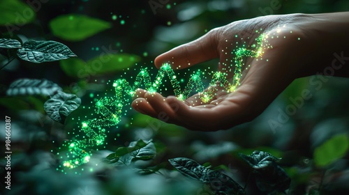 A geneticists hand touching green plants while holographic DNA strands and chromosome sequences fill the space behind photo