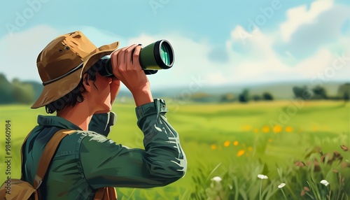 Adventurer Observing Birds Through Binoculars in a Lush Green Field, Embracing Nature and the Joys of Ornithology